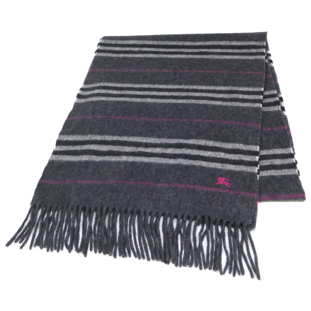 Burberry Black Label logo embroidered striped cashmere fringe stole/scarf (gr...